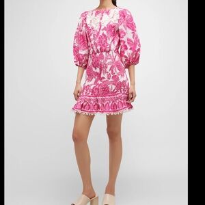 Farm Rio Tropical Woodcut Smocked Cotton Mini Dress Size S Women Boho Feminine